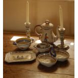 Quimper Henriot ceramics, a pair of candlesticks, coffee pot, a double handled dish, bowls and a jug