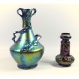 Art Nouveau vase, with branch forms in relief and iridescent glaze 19 cm and a similar glass vase