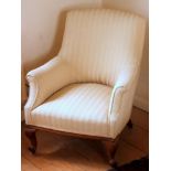 Victorian armchair, re-upholstered in woven cream wool fabric produced by Margaret Bide, cabriole