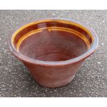 Large Antique Welsh terracotta dough bowl, brown glaze with slip bands 57 cm diameter. Provenance: