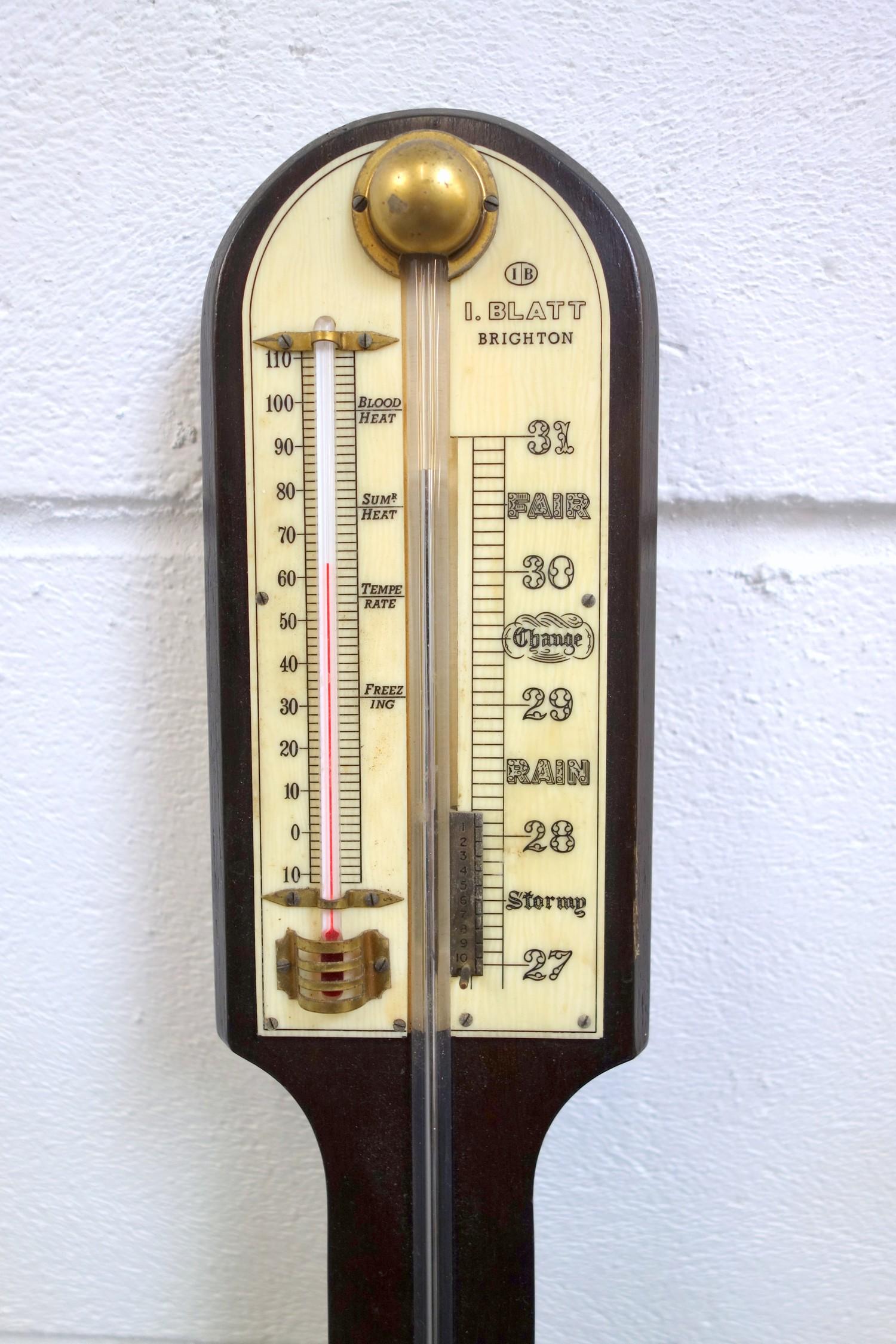 A stick barometer by Blatt of Brighton Mahogany stick barometer with visible mercury tube and - Image 2 of 4