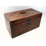 Georgian mahogany tea caddy, with hand painted decoration of birds, floral swags, interior