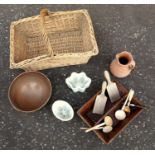 A large Victorian copper bowl, on stand, mahogany cutlery tray and ceramic jelly mould, butter