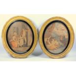 Two hand coloured Bartolozzi 19th C. stipple engravings after George Morland in oval giltwood