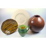 Lindsey Taylor, shallow bowl with incisions, Woburn Pottery slipware bowl, and an ovoid vase with