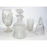 Victorian cut glass celery vase etched with ferns, a campana form decanter, stirrup glass and a