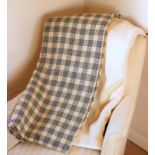 Welsh narrow width hand woven blanket, dark navy on cream ground with basket weave pattern, 160 x