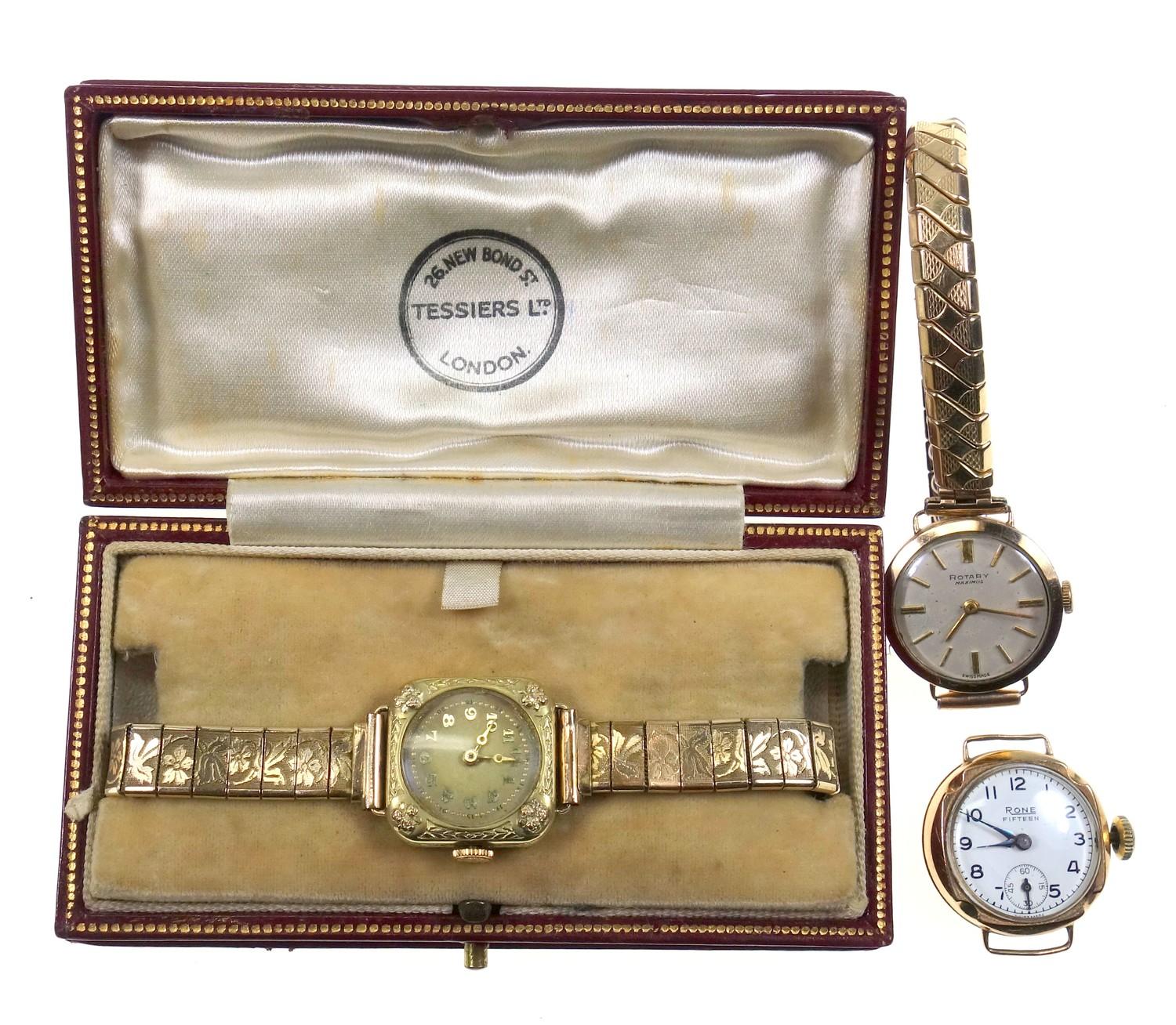 Edwardian ladies gold watch, the case with raised floral decoration and engraved sides, 14 ct, on