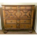 William & Mary style chest of four drawers, on square section legs and bun feet, alterations, 100