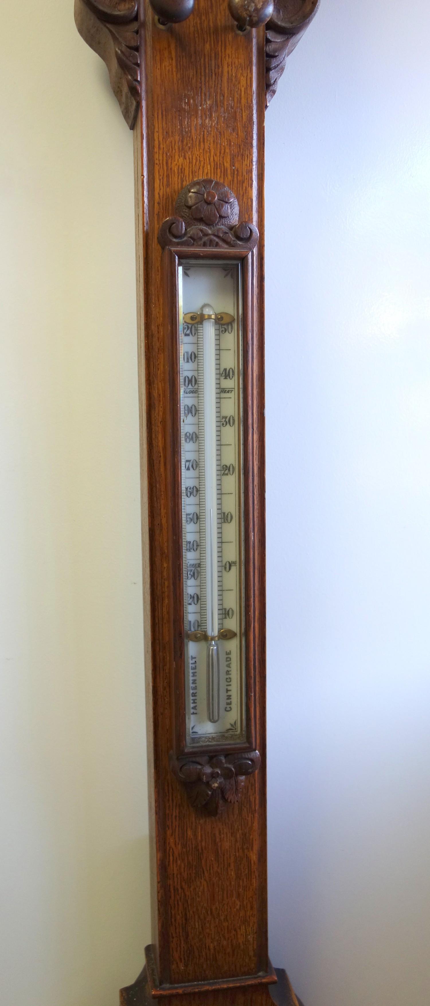 Victorian oak stick barometer, mercury filled concealed tube, un-named ivory coloured tablets with - Image 3 of 4