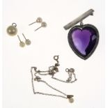 Large amethyst and paste heart form pendant brooch, and a group of pearl and faux pearl jewellery,