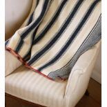 Antique blue and cream Welsh blanket, blue stripe with broken line, and contrasting border, 166 x