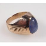 Vintage dress ring set with white and blue sapphire, the chatoyant cabochon stone set in unmarked