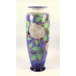 Doulton stoneware vase with tubelined decoration of a rose on mottled mauve ground, impressed marks,