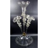 Victorian glass epergne with central trumpet and three smaller, all with frilled edge and overlaid