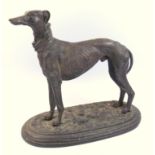 Bronze model of a greyhound wearing a bandana and a collar, after Mene, incised marks, mid 20th C,