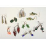 A group of earrings, Chinese silver gilt enamel fish, jade, coral and other gem set examples and a