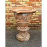 Large Terracotta garden urn, with egg and dart border fruiting vine and floral swags in relief, 55 x