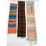 Victorian woven silk tartan neck tie, two striped silk scarves C. 1900, print silk shawl, net lace