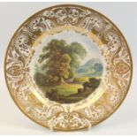 Derby landscape cabinet plate, painted with a rural landscape within an ornate gilt border, red