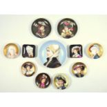 Small collection of 19th C portrait dishes, each depicting a lady wearing a hat or headdress, mainly