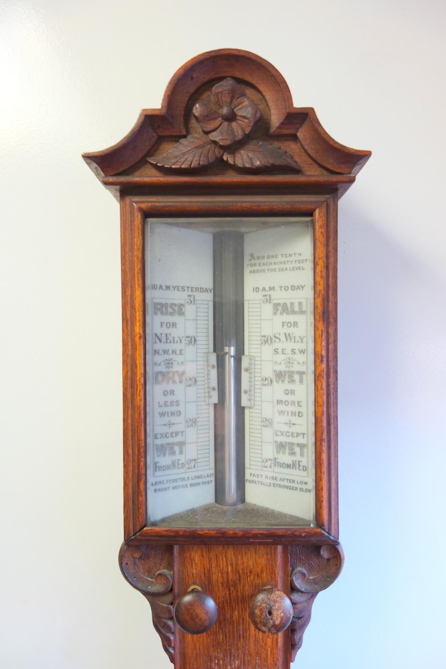 Victorian oak stick barometer, mercury filled concealed tube, un-named ivory coloured tablets with - Image 2 of 4