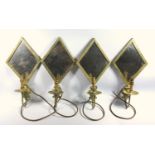 Set of four Art Deco mirror back wall lights, the mirrors set in diamond form metal frames with