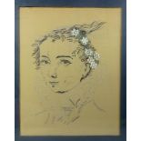 Portrait of a lady, embroidered on silk, her hair with paste stones, 29 x 23 cm framed and a