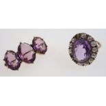 Amethyst and pearl ring in 9 ct gold and an amethyst paste brooch (2)