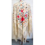 Chinese silk shawl embroidered on both sides, design of deep pink chrysanthemum, and spray of