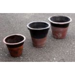 Antique Welsh terracotta dipping pots, set of three all glazed interior and banding, largest 36 x 46