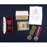 Pair of WW2 defence and war medals with the King?s badge with Order of Wearing, awarded to Bruce