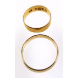 Two gold wedding bands, one plain band 22 ct size N approx, 3.5 grams and another in 9 ct, 3.1 grams