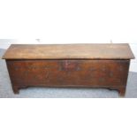 18th C. oak sword box. Lift up lid with candle box to interior, strap hinges, geometric & punch mark