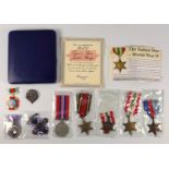 George VI stars, 1939-45, Italy (2), Burma, war medal, Scottish silver badge, three replicas, and