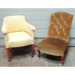 Edwardian inlaid mahogany tub shaped armchair, upholstered armchair and a buttoned back nursing