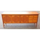 Teak sideboard with a fall door, 2 panel doors and 3 drawers, on square section legs and stretchers,