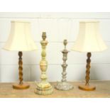 Silver plated candlestick adapted to a table lamp, H. 38 cm, pair of beech spiral twist table