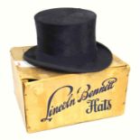 Black silk top hat by Lincoln Bennett & Co, Burlington Gardens, Old Bond Street, London, retailed by