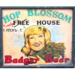 Badger Beer double sided painted wood pub sign for the Hop Blossom Free House, one side with women?s