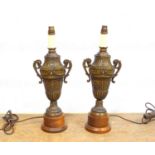 Pair of late 19th century French bronzed spelter urns, adapted to table lamps, H 46.3cm (one