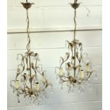 Pair of silvered metal electroliers (chandeliers) with 4 foliate scroll branches, drip pans and