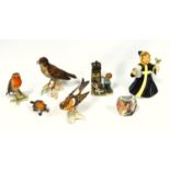 Three Goebel models of birds, larger thrush (a/f), girl with Hofbrauhaus stein and radish (a/f),