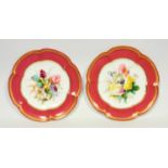 Pair of Victorian bone china floral plates with a pink and gilt jewelled lobed border, D 24.2cm, two