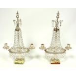 Pair of silver plated two branch candelabra with faceted bead drops, H 37cm (2