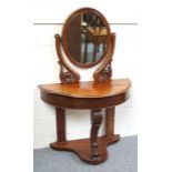 Victorian Duchesse mahogany semi-circular dressing table with an oval mirror and semi hinged top, on