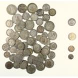 Pre 1947 silver coins, halfcrowns (6), florins (13), shillings (38) including 1920 v.f. and 1930