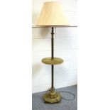Brass standard lamp with reeded column, and velour tier, on a fluted circular base, four feet, H.122