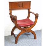 Masonic Master?s oak chair with a fluted panel back centred by a shield with initial ?WH? and date