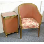 Kraft pink and gilt loom armchair with a patterned upholstered seat, and a rectangular linen bin